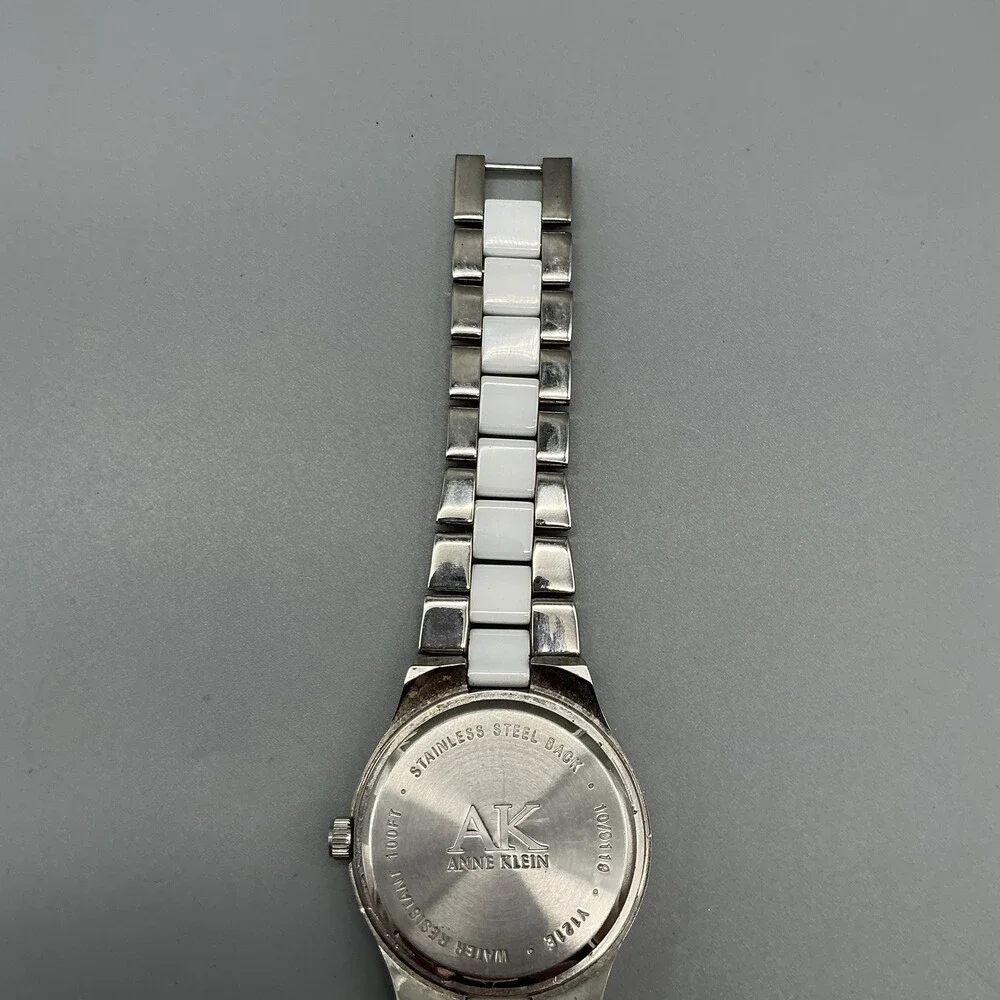 Anne Klein Women Watch 33mm White MOP Dial Silver Tone Crystals New Battery 6.5